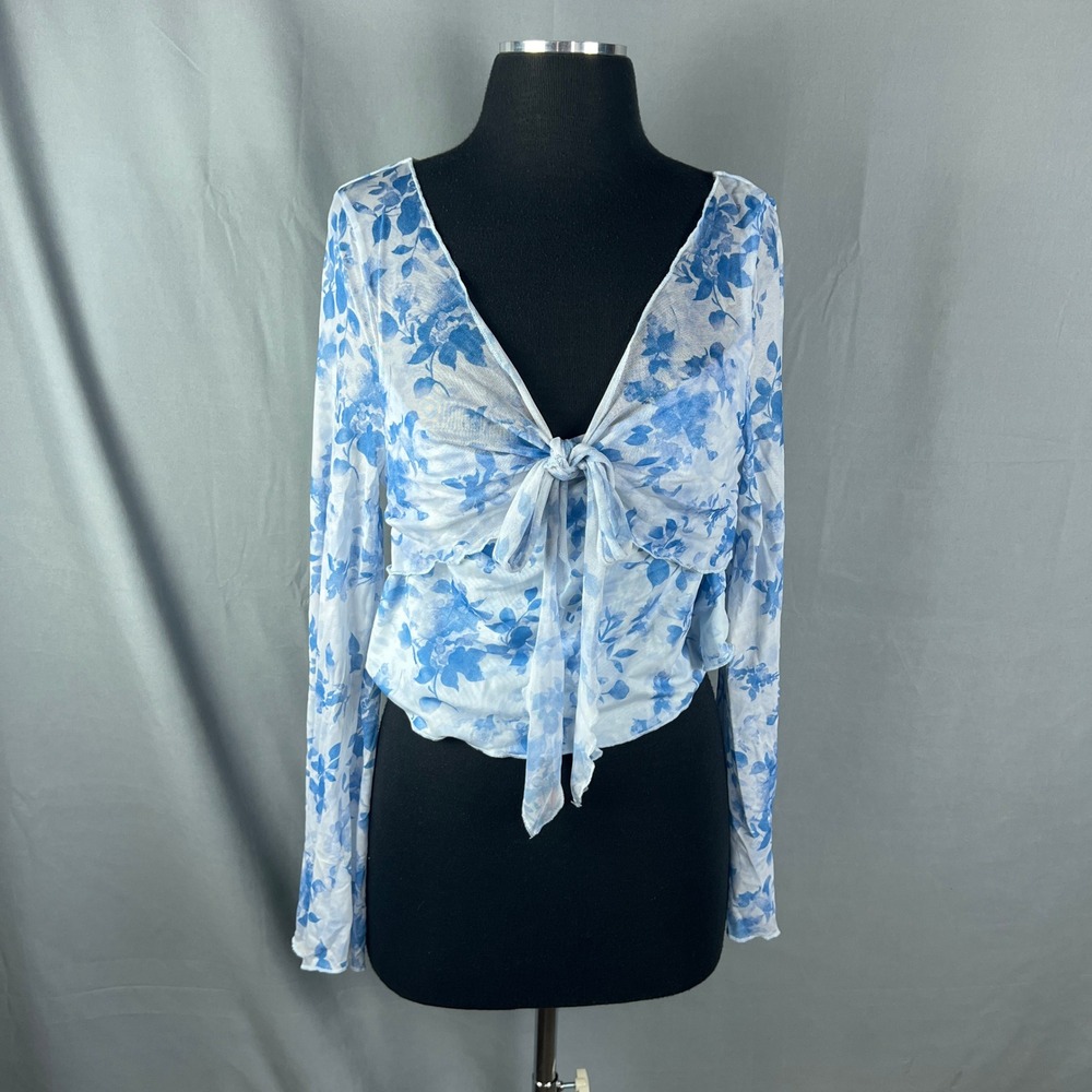 Womens Cropped Top 1XL Blue Floral Print Mesh Tie Front Bell Sleeve Minimalist